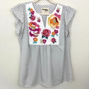 Savanna Jane White Polka Dot Blouse with Floral Embroidery
